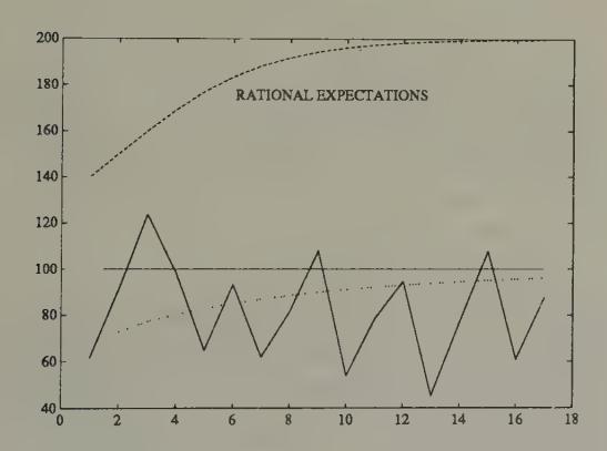 Path of inflation in Marimon and Sunder’s ‘Economy 7C’ (solid line). Also shown are one path conforming to the rational expectations dynamics converging to the higher stationary inflation rate of 200 percent, and a dotted line converging from below to the lower stationary inflation rate of 100 percent, which depicts a path associated with Marcet and Sargent’s least squares dynamics.