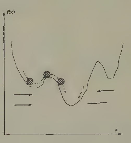 A stochastic Newton method. Simulated annealing and ‘stochastic network’ methods ‘shake’ the system so that with probability arbitrarily close to one the ball will eventually escape being trapped in a local minimum.