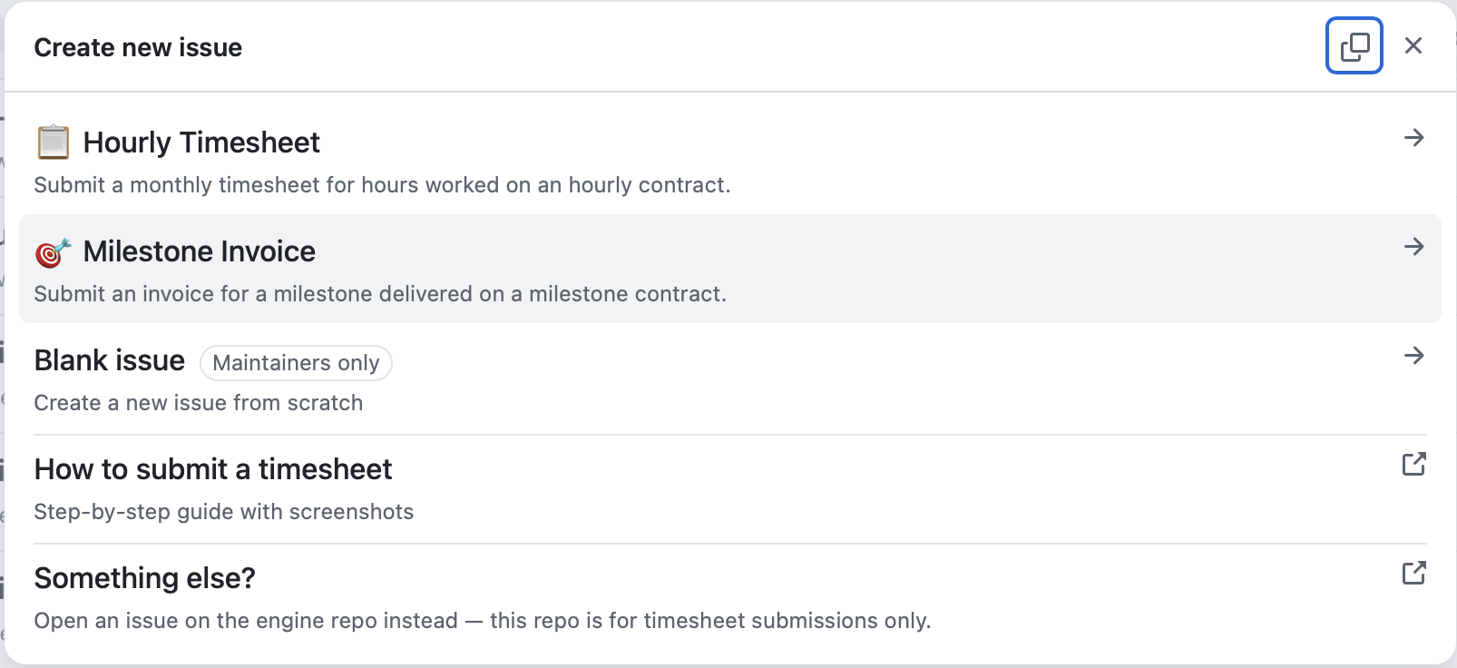 The New Issue template chooser, with the Milestone Invoice card highlighted.