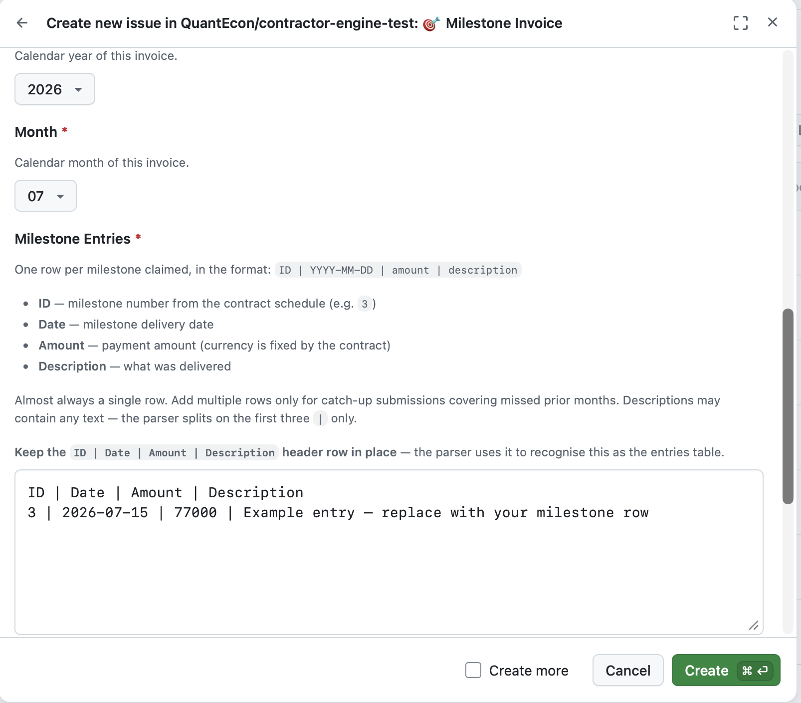 The Milestone Invoice form filled out, with the seeded entries table visible in the Milestone Entries field.