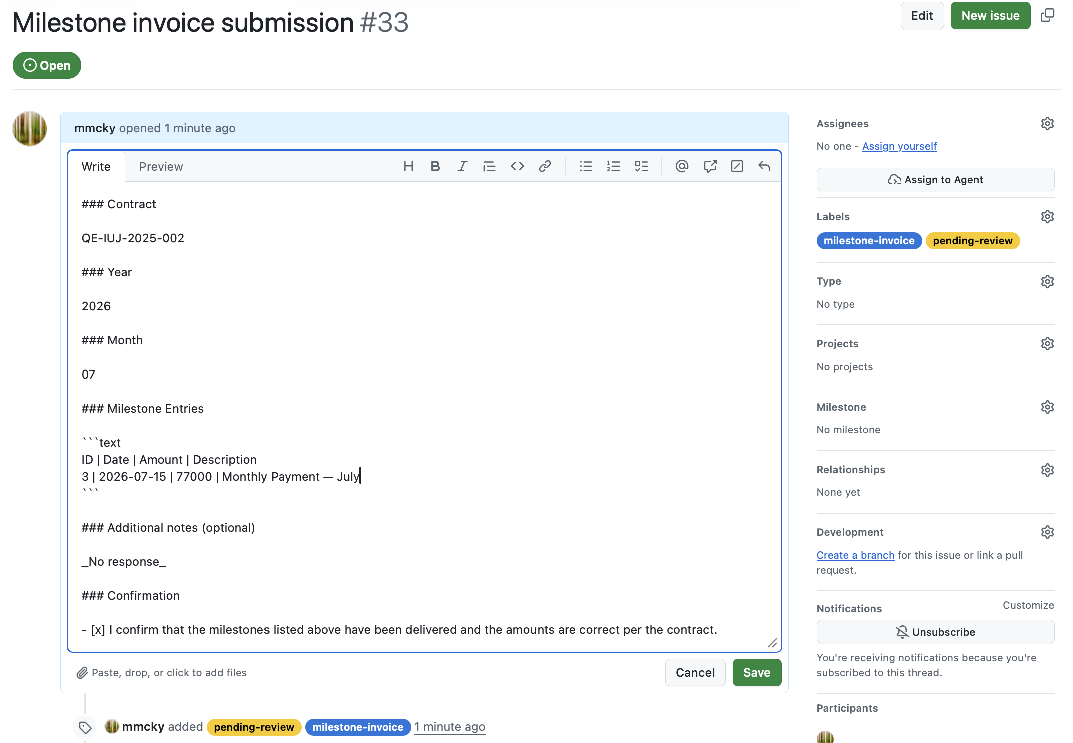 The issue body in edit mode with one milestone row added below the header.