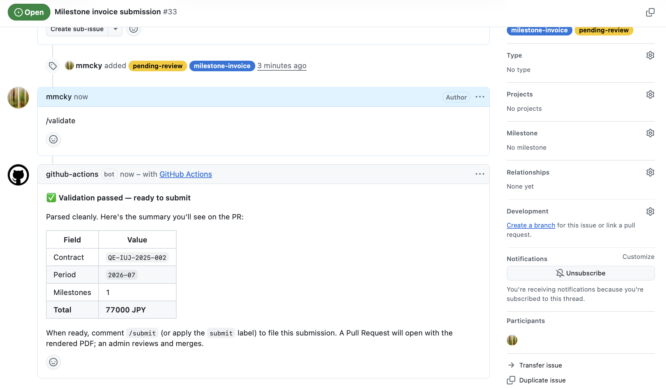 The "Validation passed" bot reply, with a table summarising contract, period, milestones, and total amount.