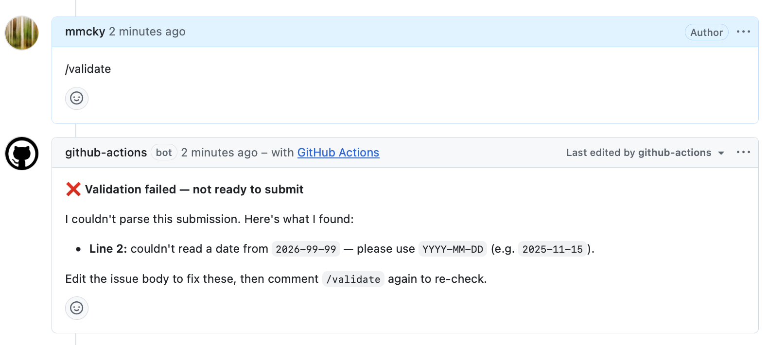 The "Validation failed" bot reply pointing at a specific line with the parse error.