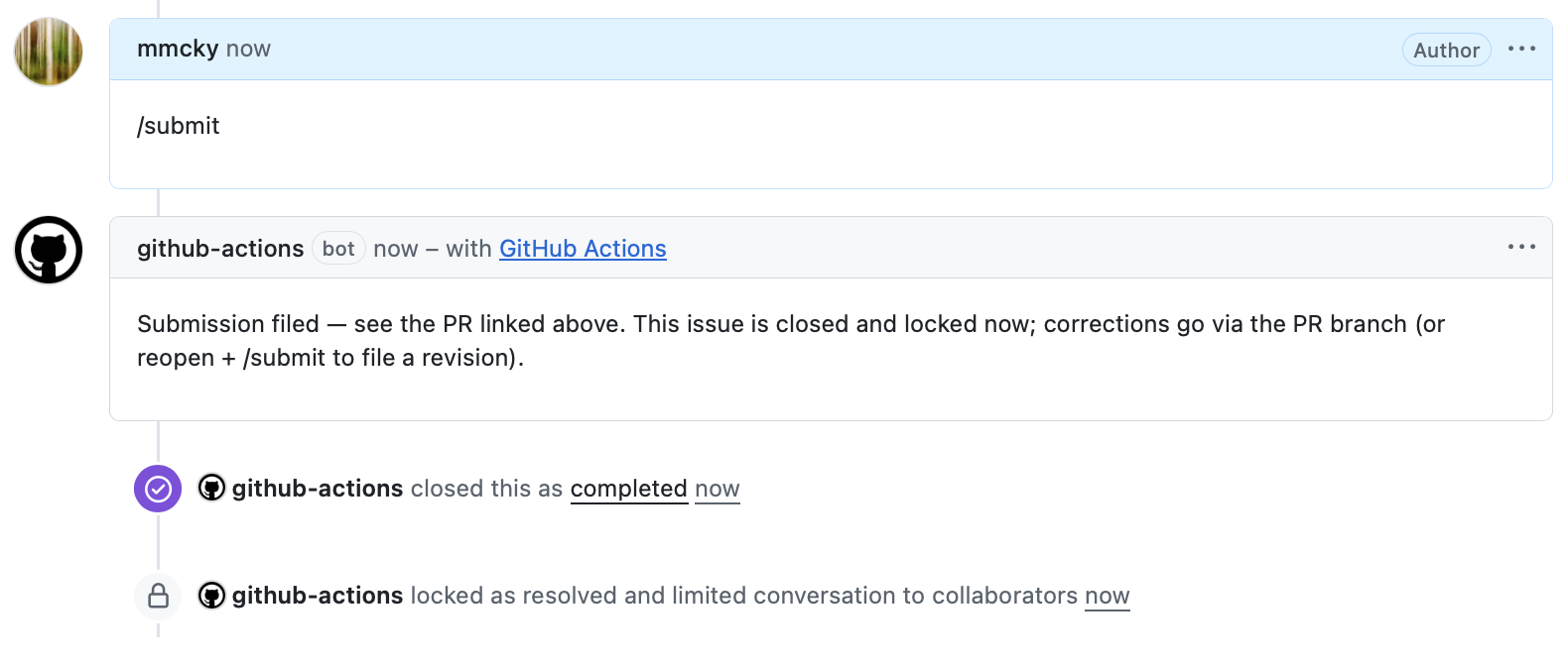 The /submit comment in the issue timeline, followed by the bot's handoff comment linking to the new PR.