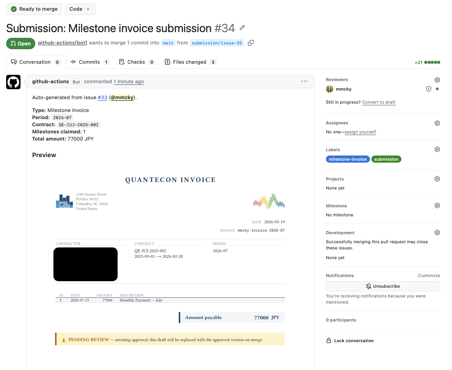 The opened Pull Request with an inline PNG preview of the rendered milestone invoice.
