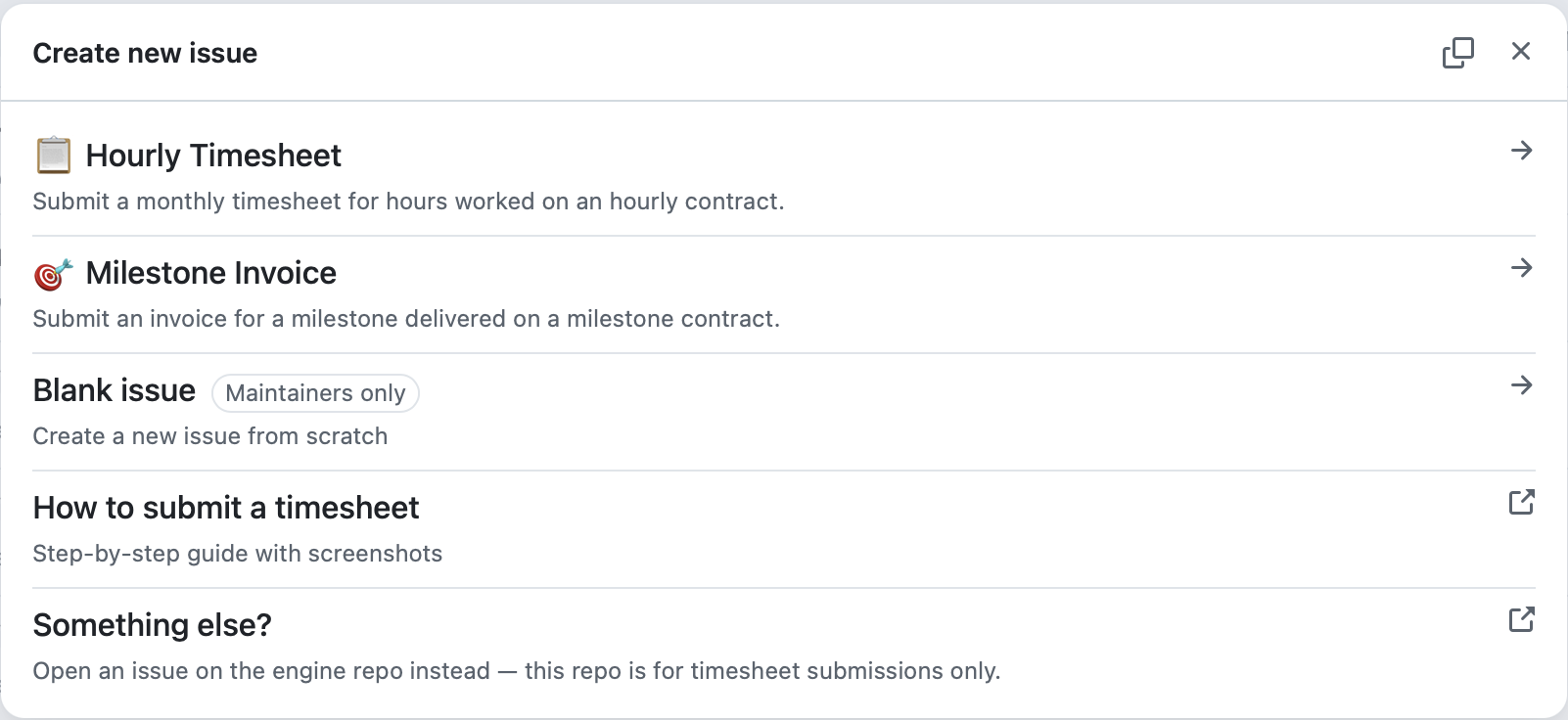 The New Issue template chooser, with the Hourly Timesheet card highlighted.