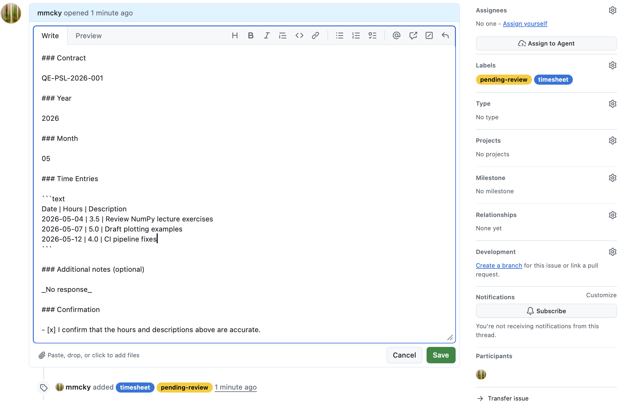 The issue body in edit mode, with three time entries added below the header row.