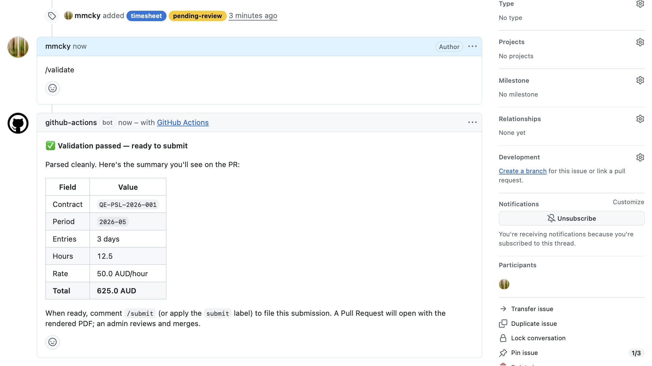 The "Validation passed" bot reply, with a table summarising contract, period, entries, hours, rate, and total.
