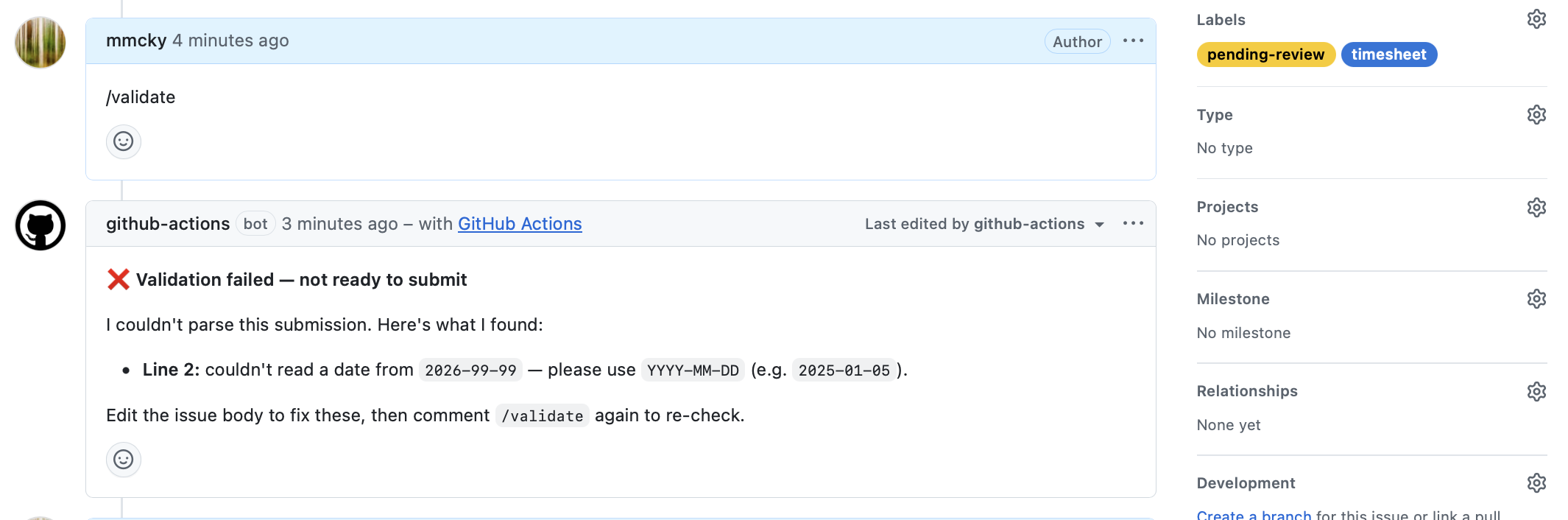 The "Validation failed" bot reply, pointing at a specific line with the parse error.
