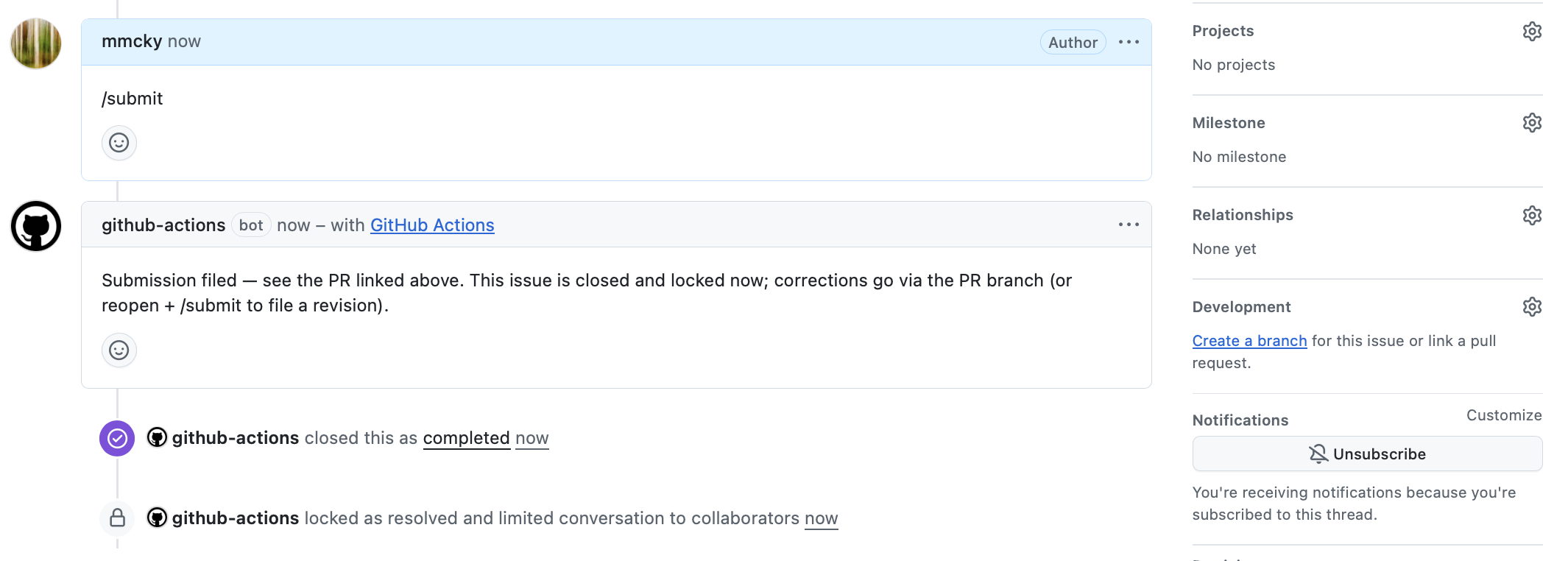 The /submit comment in the issue timeline, followed by the bot's handoff comment linking to the new PR.