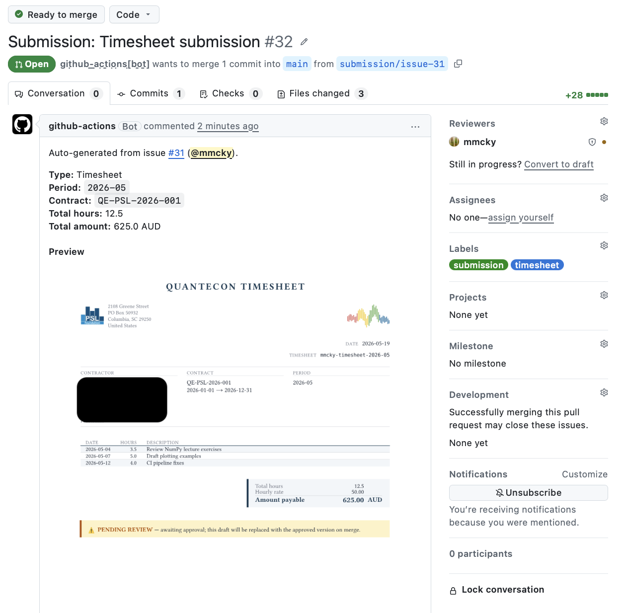 The opened Pull Request with an inline PNG preview of the rendered timesheet and links to the PDF and YAML files.